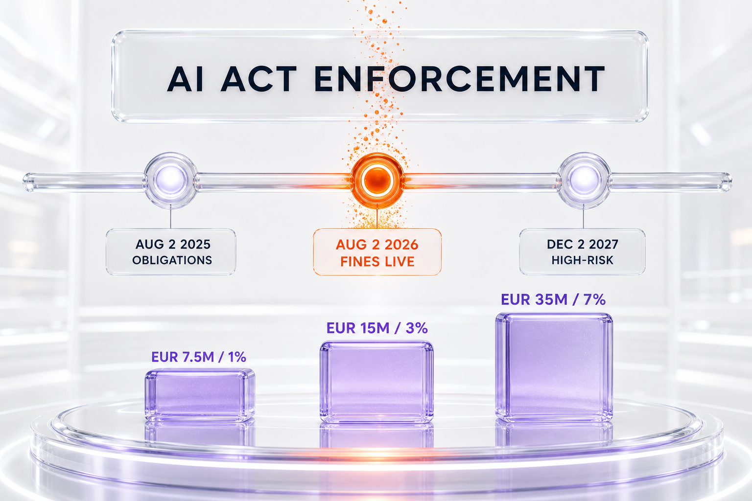 EU AI Act enforcement timeline — GPAI obligations from August 2, 2025, Commission fines for GPAI providers from August 2, 2026, and high-risk rules from December 2, 2027 — alongside the three penalty tiers EUR 35M / 7 percent, EUR 15M / 3 percent and EUR 7.5M / 1 percent — orange and violet glassmorphism on a white background