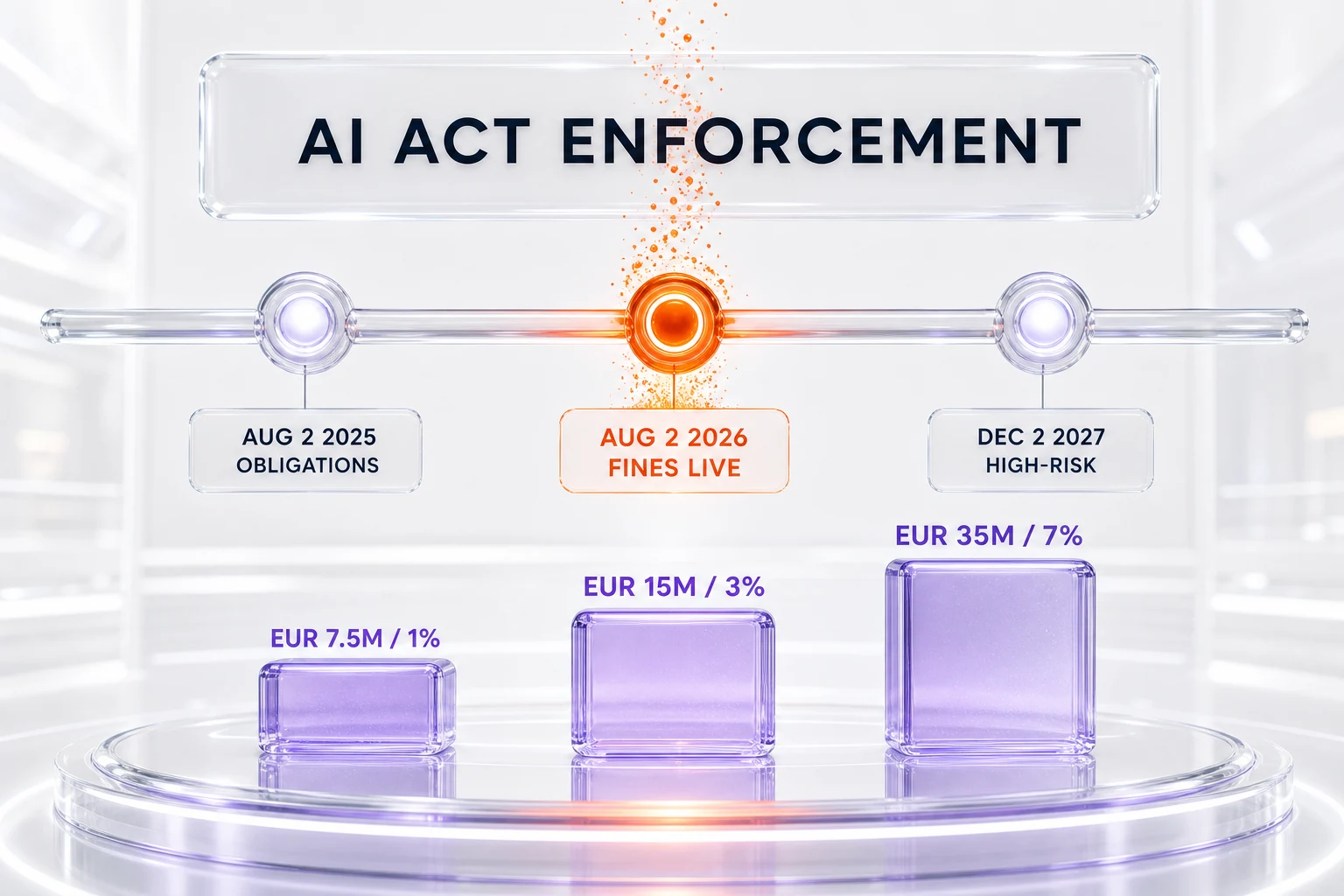 EU AI Act enforcement timeline — GPAI obligations from August 2, 2025, Commission fines for GPAI providers from August 2, 2026, and high-risk rules from December 2, 2027 — alongside the three penalty tiers EUR 35M / 7 percent, EUR 15M / 3 percent and EUR 7.5M / 1 percent — orange and violet glassmorphism on a white background