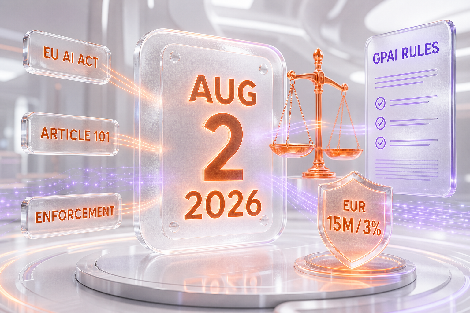 EU AI Act GPAI enforcement begins August 2, 2026 — editorial illustration of a glass calendar marked AUG 2 2026, orange scales of justice and an AI model document, with a penalty badge reading EUR 15M / 3%, orange and violet glow on a white background