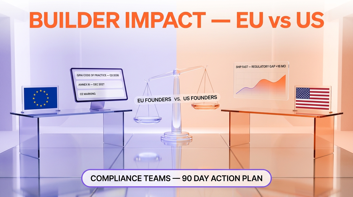 Editorial illustration of an AI startup founder reviewing the new EU AI Act compliance calendar on a glowing tablet, with a Brussels skyline backdrop, orange and violet UI glow, futuristic clean style
