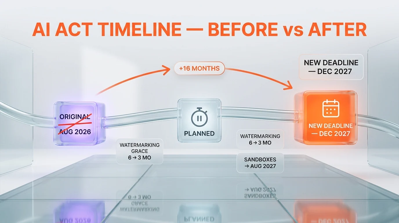 AI Act timeline before and after 7 May 2026 — visual showing original August 2026 high-risk deadline crossed out and replaced by December 2027, watermarking grace period reduced from 6 to 3 months, sandboxes extended to August 2027