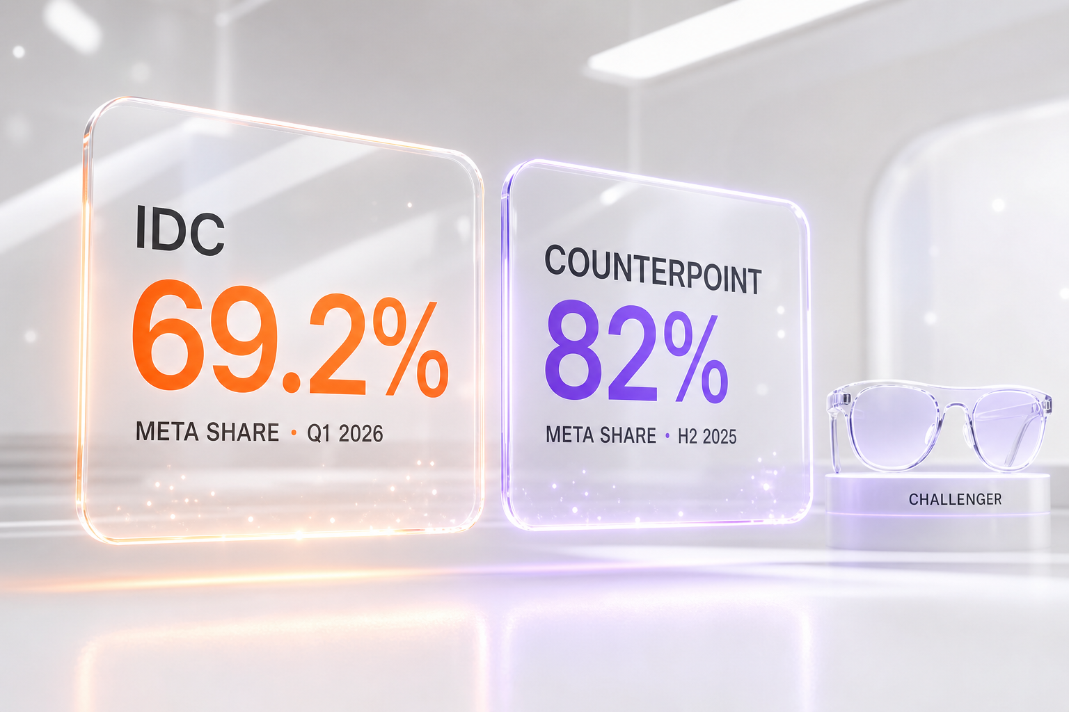 Meta's smart-glasses market lead as measured by IDC (69.2%, Q1 2026) and Counterpoint Research (82%, H2 2025)