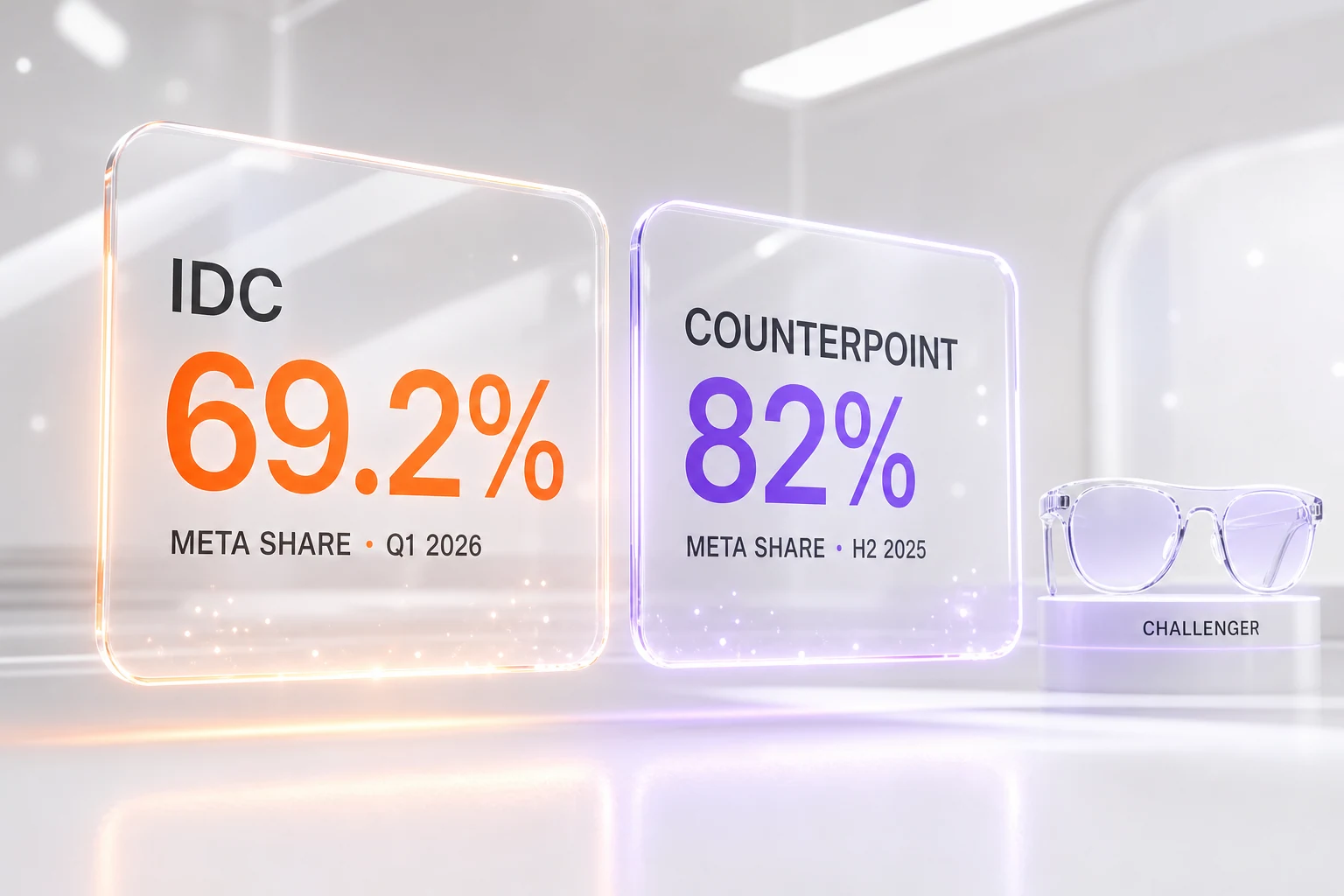 Meta's smart-glasses market lead as measured by IDC (69.2%, Q1 2026) and Counterpoint Research (82%, H2 2025)