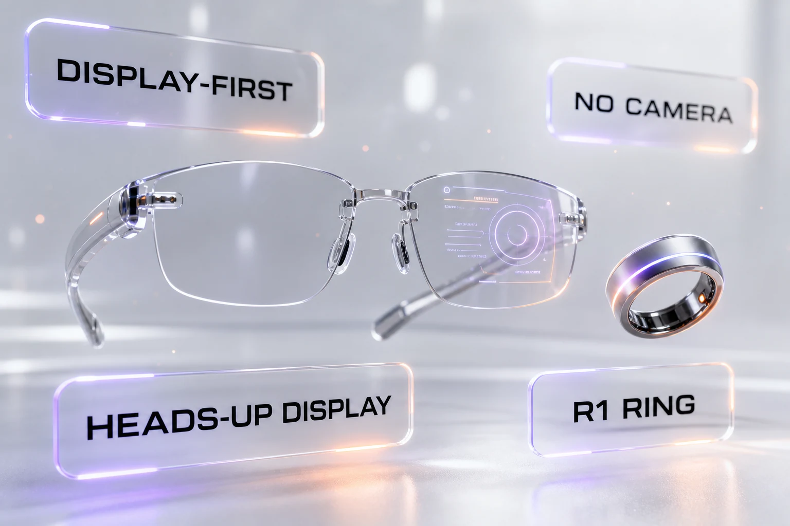 Even G2 smart glasses — camera-free, display-first design with a 3D heads-up display and the R1 companion ring