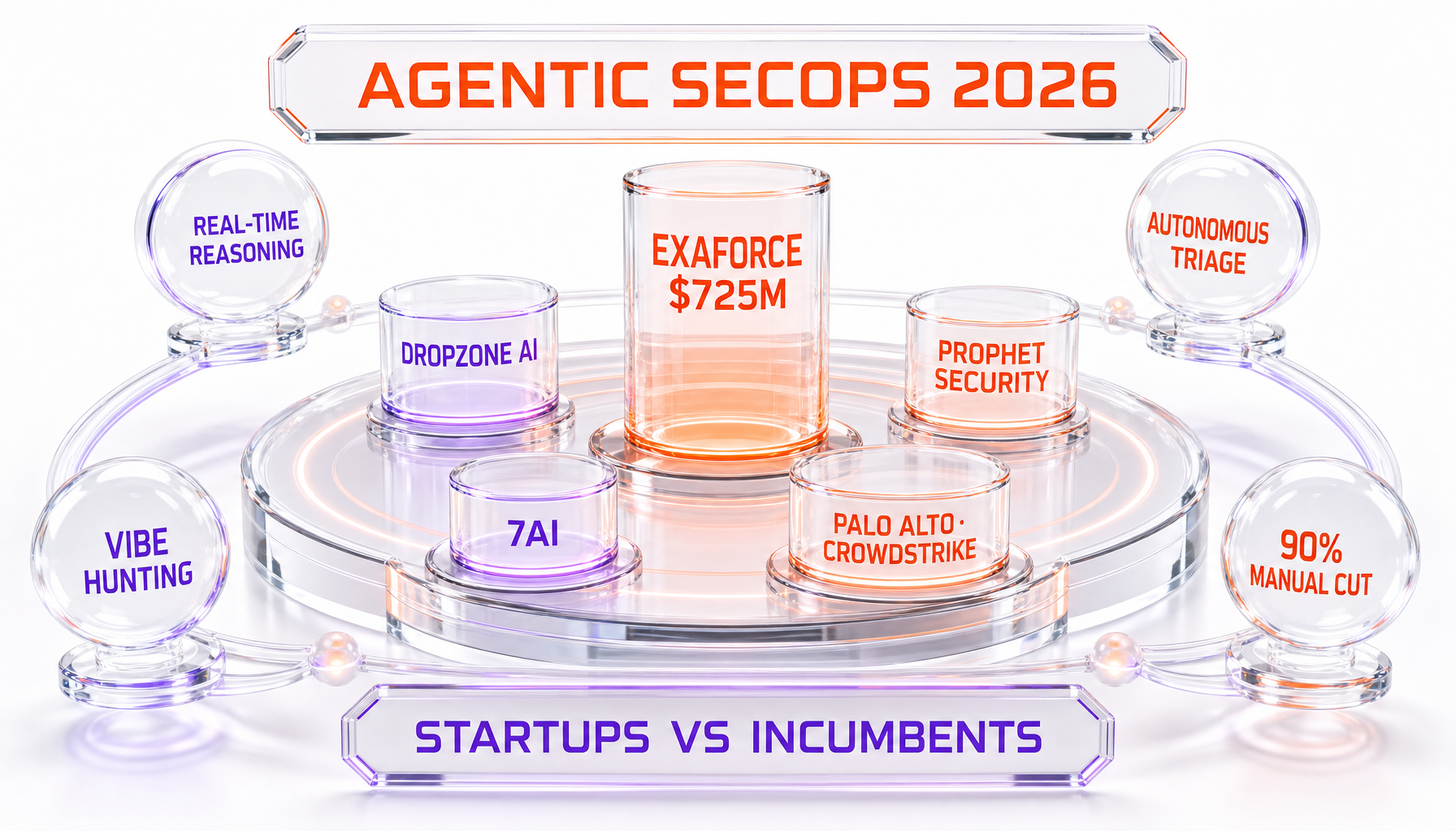 Agentic SecOps battleground — Exaforce $725M, Dropzone AI, Prophet Security, 7AI, Palo Alto, CrowdStrike, real-time reasoning, autonomous triage, vibe hunting, 90% manual cut, startups vs incumbents 2026