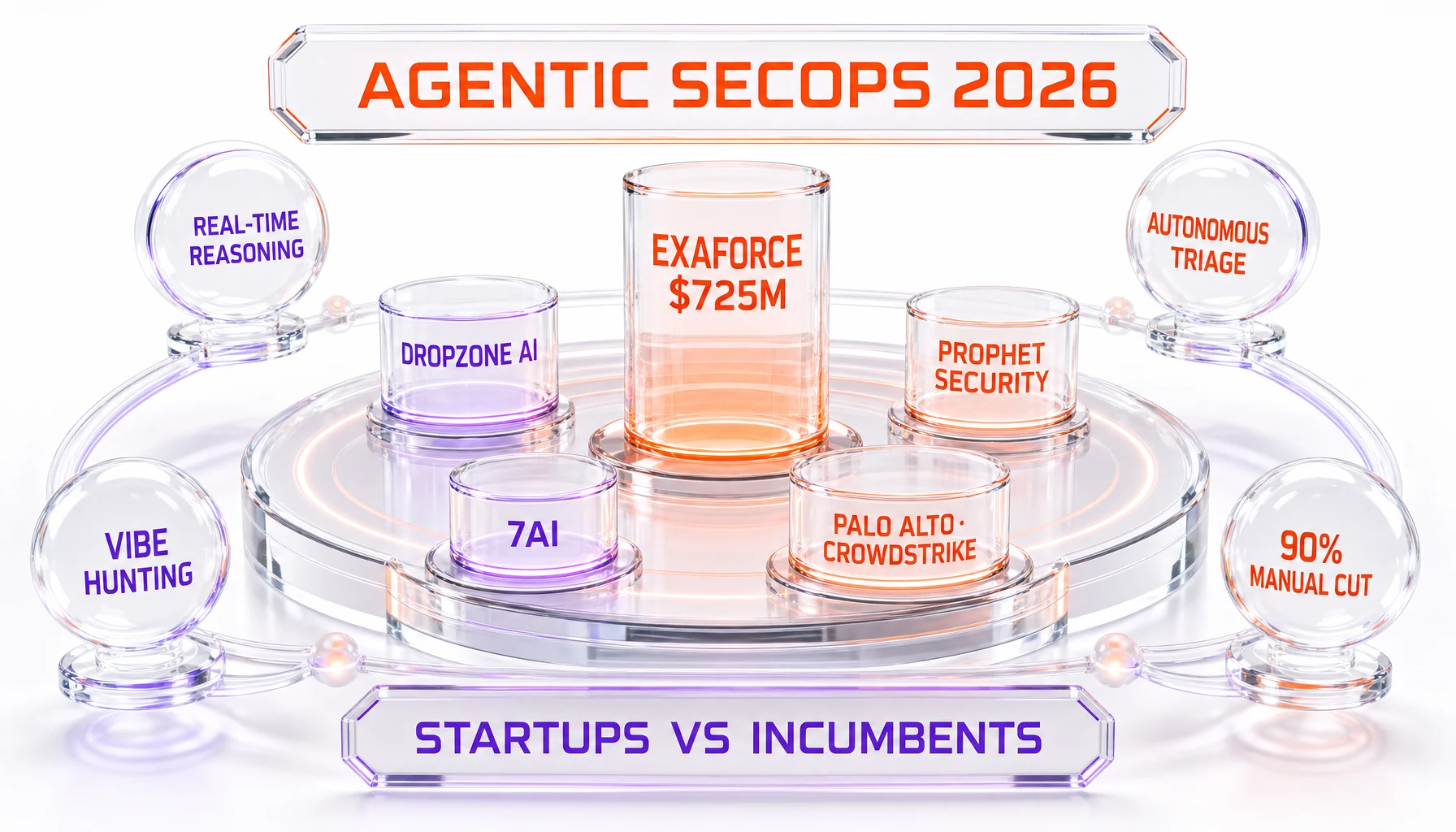 Agentic SecOps battleground — Exaforce $725M, Dropzone AI, Prophet Security, 7AI, Palo Alto, CrowdStrike, real-time reasoning, autonomous triage, vibe hunting, 90% manual cut, startups vs incumbents 2026