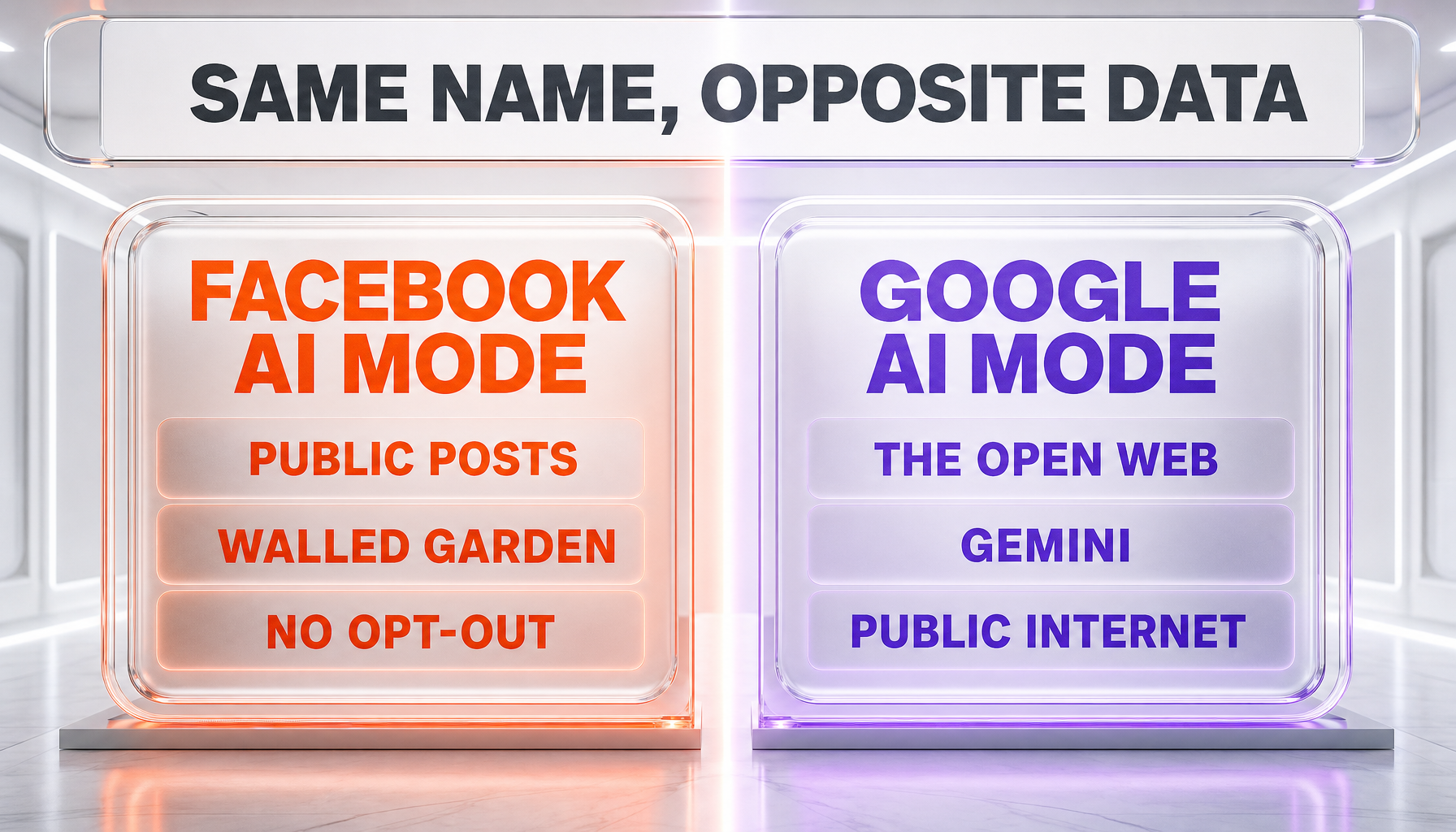 Comparison chart of Facebook AI Mode versus Google AI Mode data sources and models