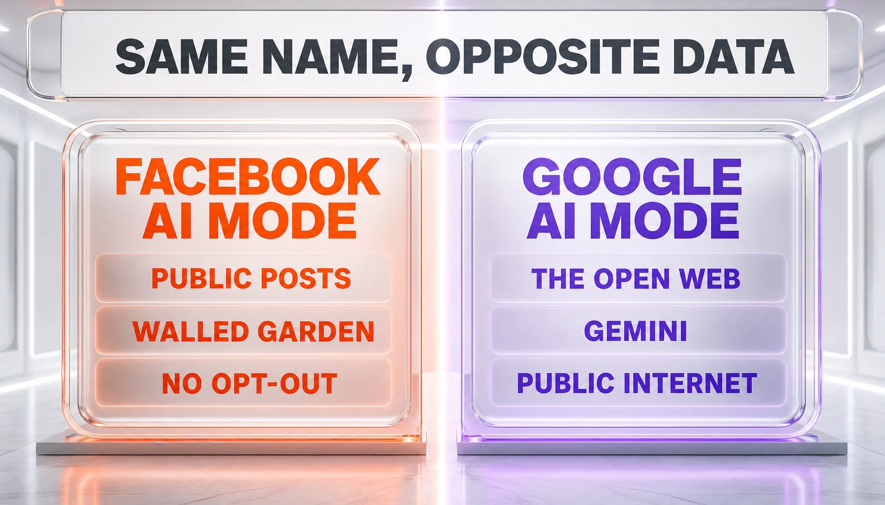 Comparison chart of Facebook AI Mode versus Google AI Mode data sources and models