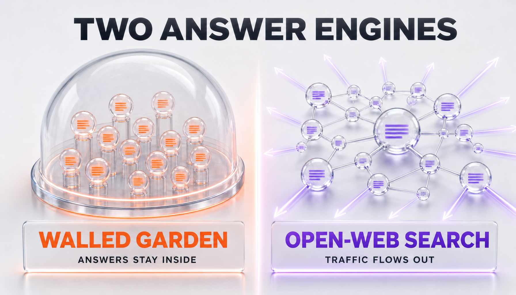 Diagram contrasting walled-garden AI search with open-web AI search