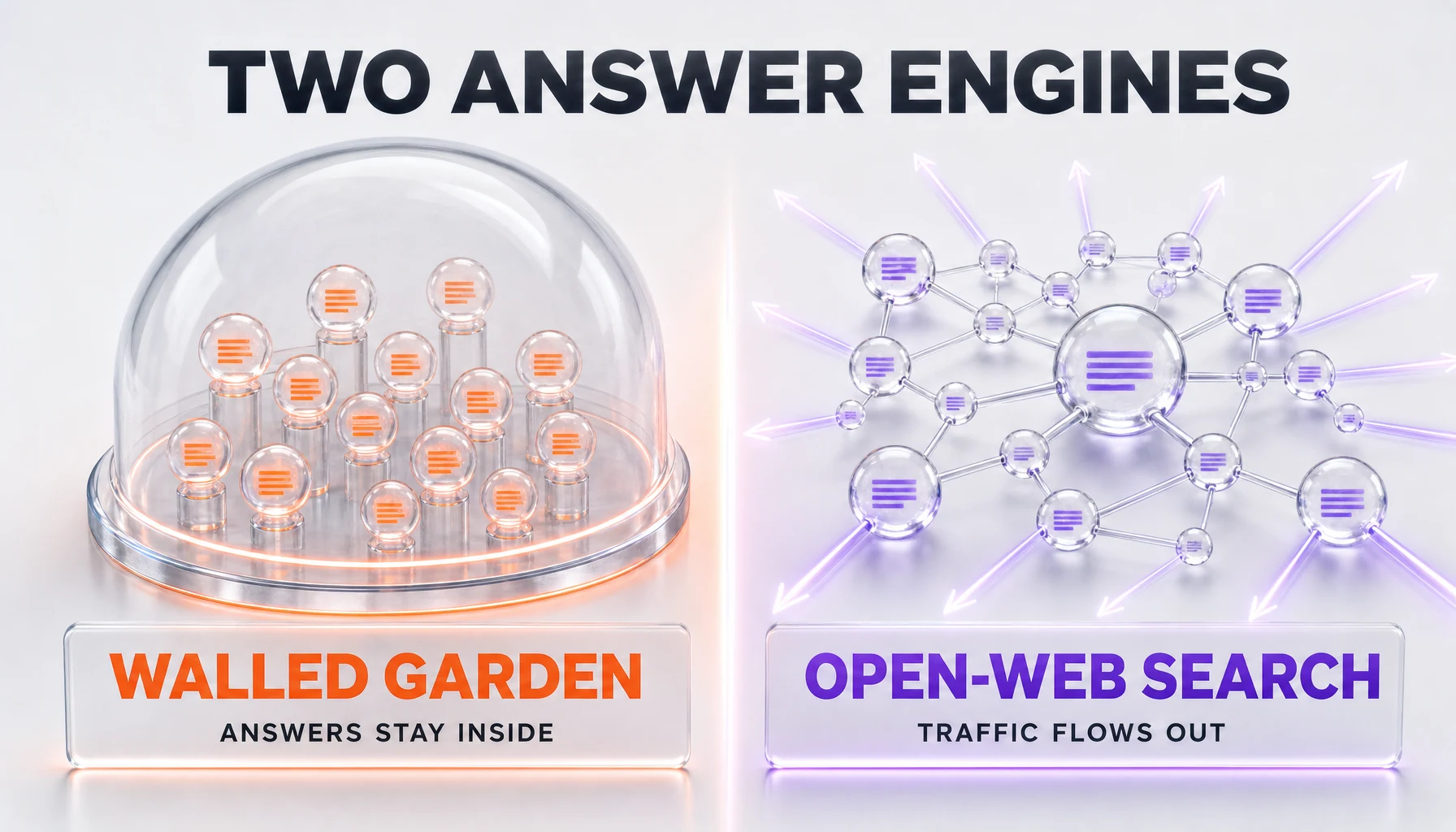 Diagram contrasting walled-garden AI search with open-web AI search