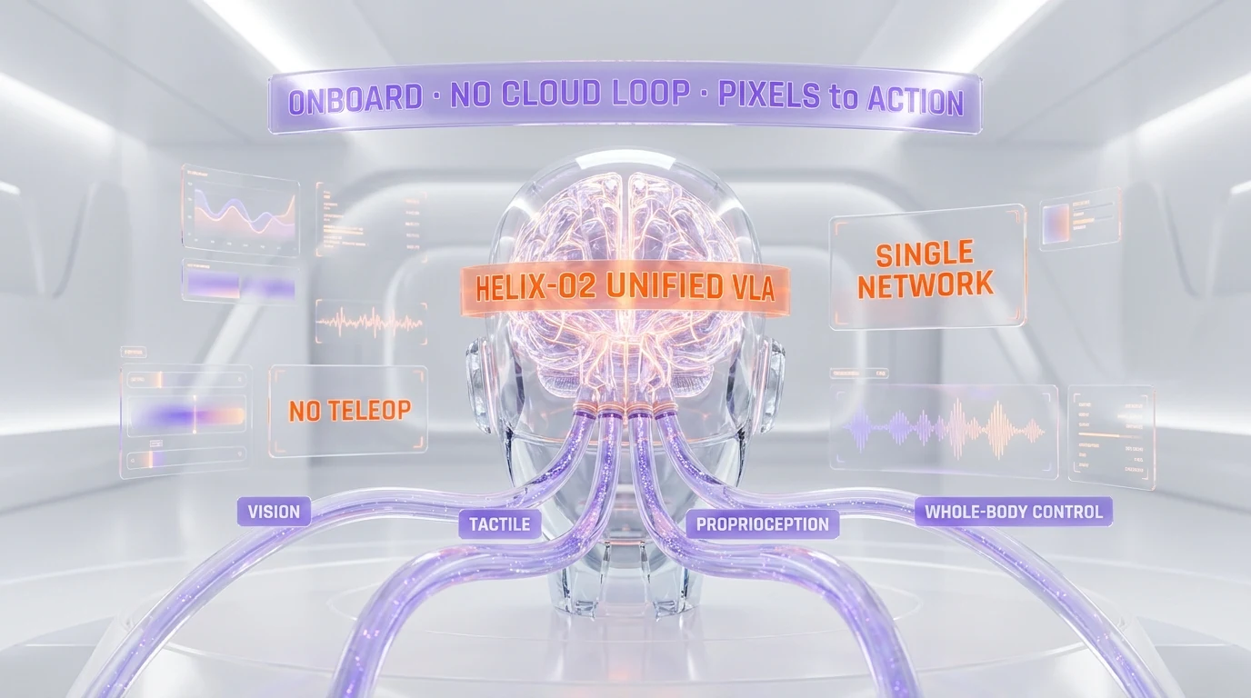 Helix-02 unified vision-language-action architecture — vision, tactile, proprioception, whole-body control fused
