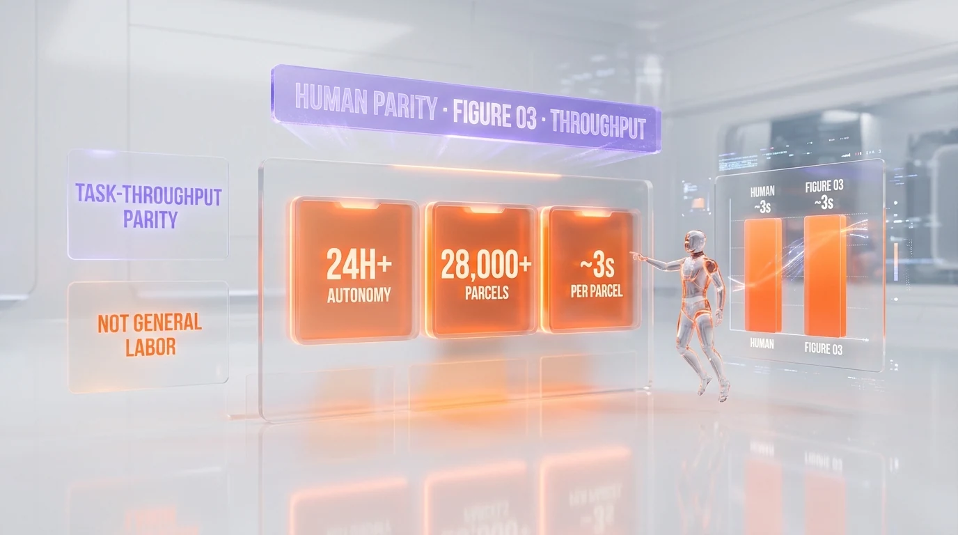 Figure 03 human-parity metrics — 3 seconds per parcel, 28,000 parcels, 24 hours plus