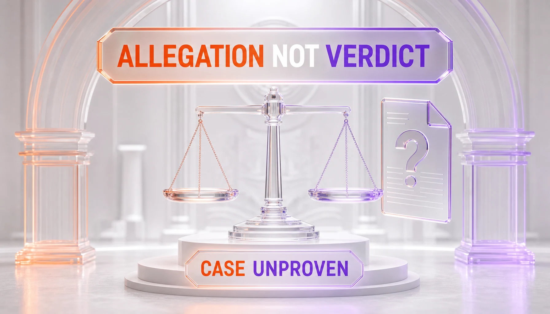 A balanced scale labeled allegation not verdict — every claim in the Florida complaint is an unproven allegation that OpenAI has the right to contest in court