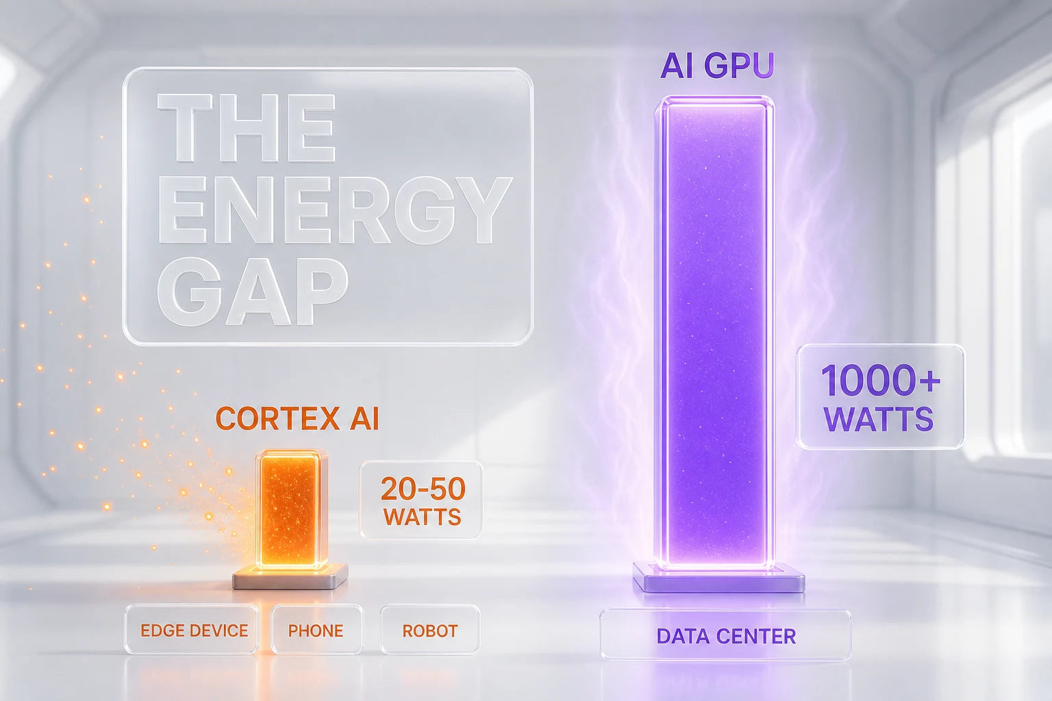 Energy comparison chart — Cortex AI 20-50 watts target versus more than 1000 watts per high-end AI GPU