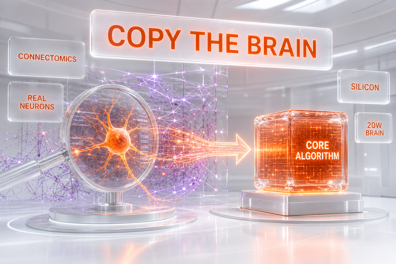 Connectomics core algorithm concept — mapping biological neurons to extract the brain's compact learning principle for Cortex AI