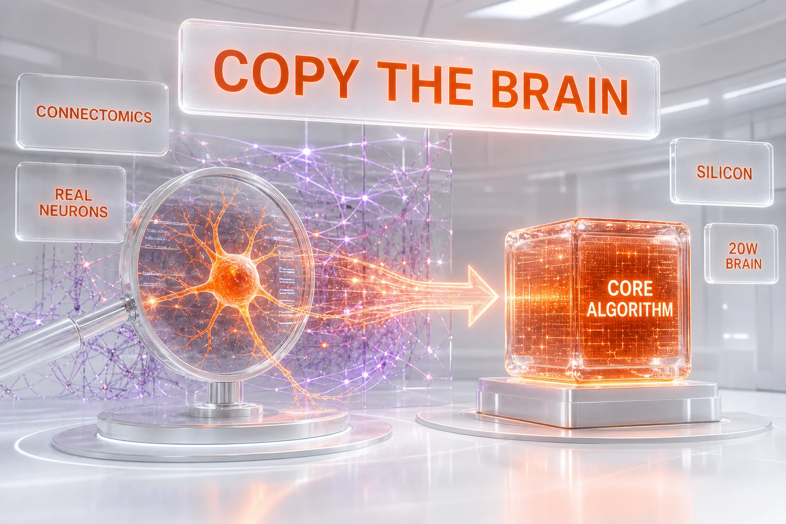 Connectomics core algorithm concept — mapping biological neurons to extract the brain's compact learning principle for Cortex AI