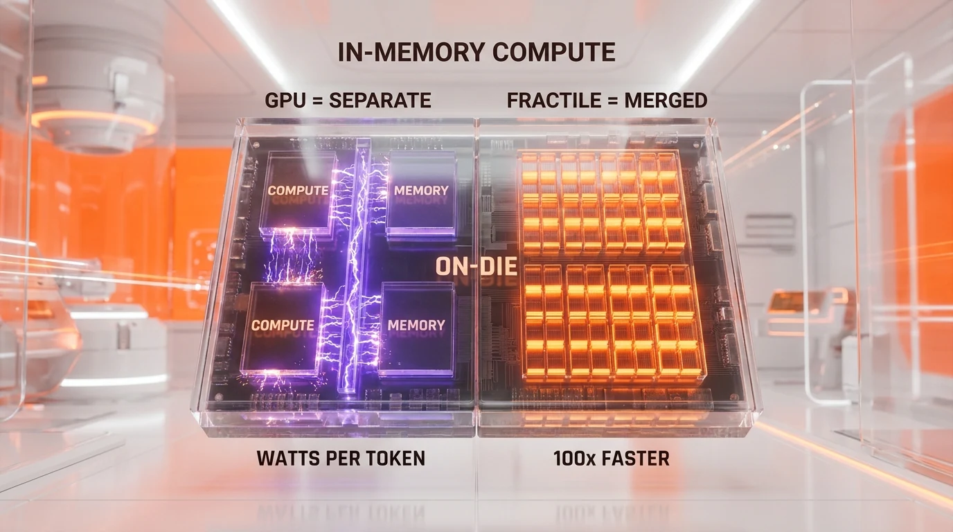In-memory compute vs GPU architecture diagram — Fractile merges compute and memory on-die to eliminate data-bus bottleneck, 100x faster 10x cheaper per token