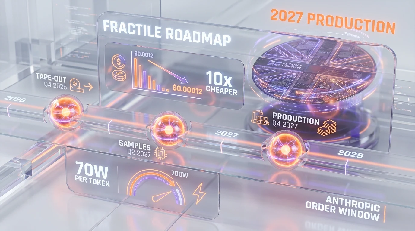 Fractile 2027 roadmap timeline — tape-out Q4 2026 samples Q2 2027 production end-2027 — 10x cheaper per token Anthropic order window