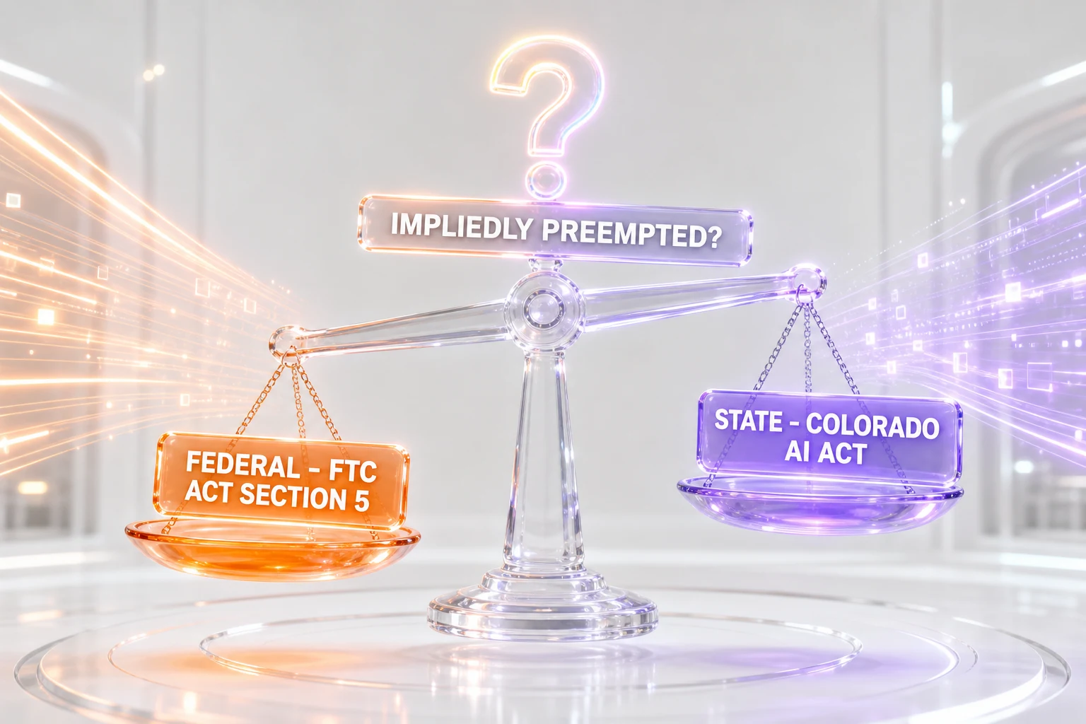 Illustration of a glassmorphism balance weighing federal FTC Act Section 5 against the state Colorado AI Act, with a question mark over the phrase impliedly preempted