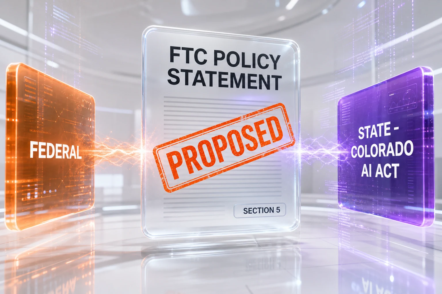 Editorial 3D illustration of an FTC proposed policy statement stamped PROPOSED, weighing federal Section 5 authority against the Colorado AI Act, July 2026