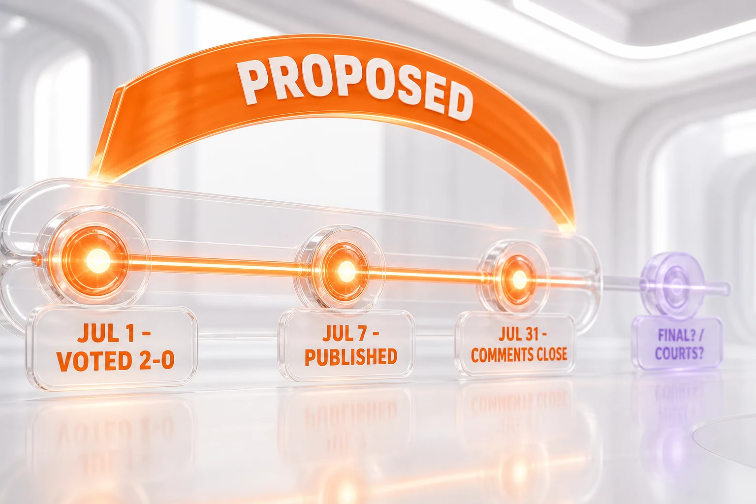 Illustration of a glassmorphism timeline: July 1 voted 2-0, July 7 published, July 31 comments close, with a faded future node for final statement and courts