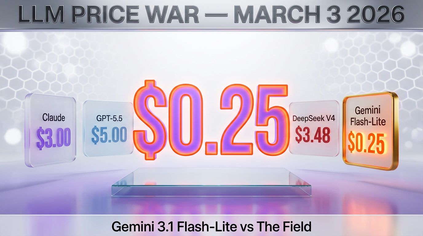 LLM price war March 2026 — Gemini 3.1 Flash-Lite at $0.25 per 1M tokens compared with Claude, GPT-5.5, and DeepSeek V4 pricing tiles