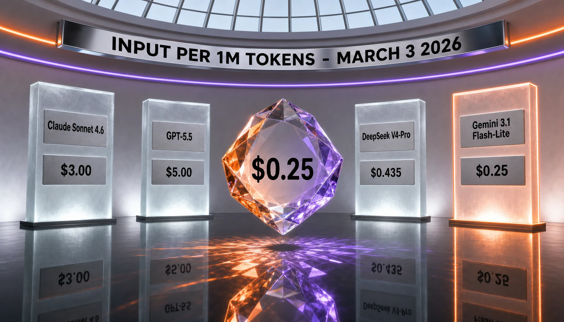 LLM input price war March 2026 — Gemini 3.1 Flash-Lite at $0.25 per 1M input tokens next to Claude Sonnet 4.6, GPT-5.5 and DeepSeek V4-Pro input rates