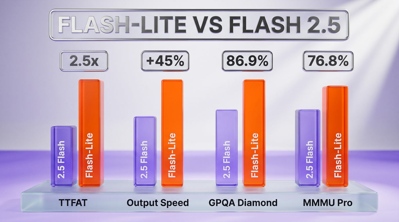 Benchmark comparison bars — Gemini 3.1 Flash-Lite vs Gemini 2.5 Flash across TTFAT, output generation speed, GPQA Diamond, and MMMU Pro