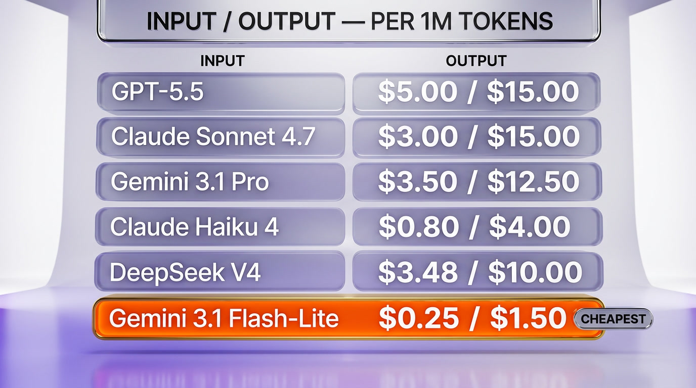 Pricing matrix grid — six LLMs across input and output prices per million tokens, with Gemini 3.1 Flash-Lite highlighted as cheapest