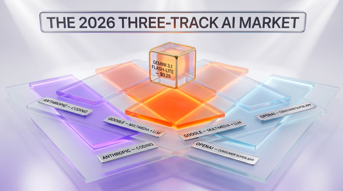 Three-track AI market thesis — Anthropic owns coding, Google owns multimedia plus LLM ecosystem, OpenAI owns consumer super-app — with Gemini 3.1 Flash-Lite as Google's volume-tier weapon