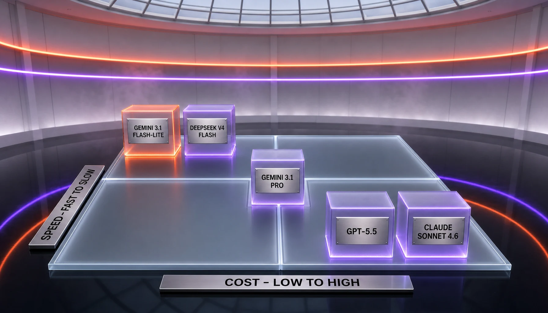 Speed and cost quadrant — Gemini 3.1 Flash-Lite and DeepSeek V4 Flash in the fast-and-cheap zone, GPT-5.5 and Claude Sonnet 4.6 slow-and-expensive, Gemini 3.1 Pro mid