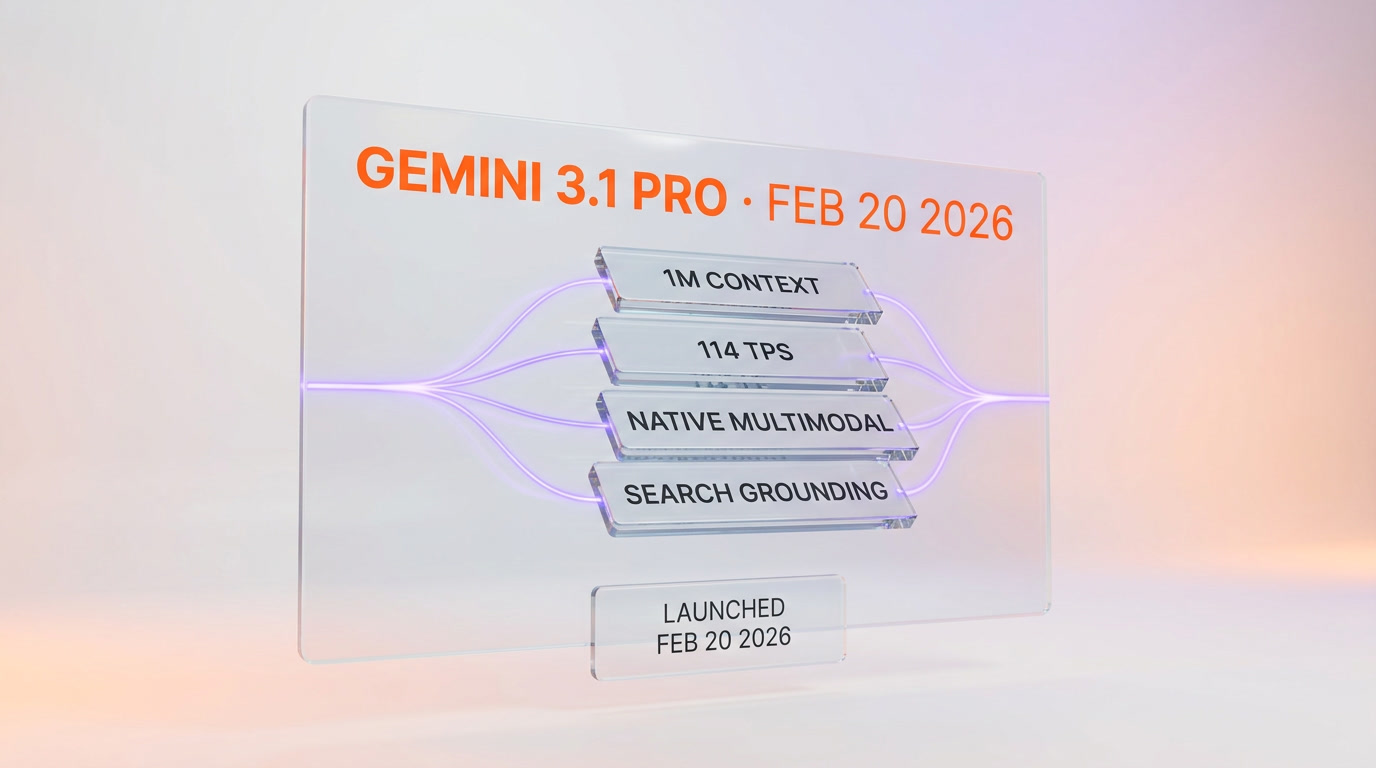 Gemini 3.1 Pro specs — 1 million token context window, 114 tokens per second output, February 20 2026 launch, multimodal native