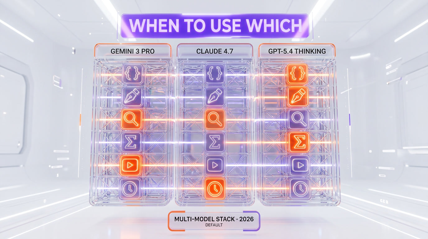 Use-case matrix — when to choose Gemini 3 Pro vs Claude Opus 4.7 vs GPT-5.4 Thinking across coding, writing, research, math, multimodal, agentic workflows