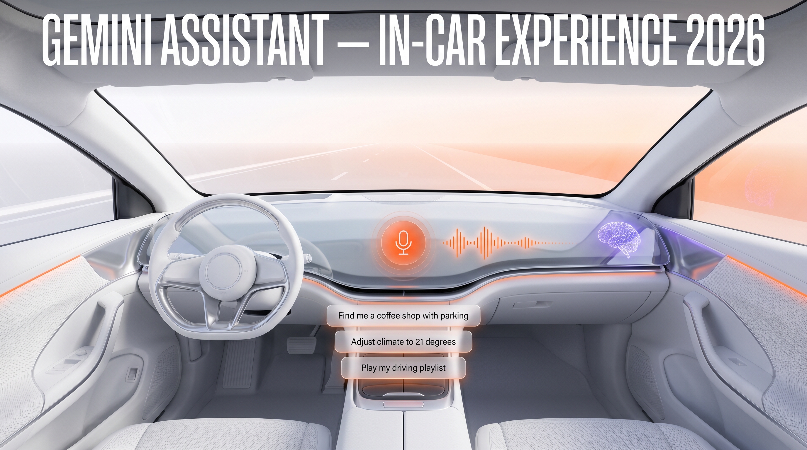 Google Gemini in-car assistant cockpit UI 2026 — voice, navigation, climate control, music selection on glass dashboard