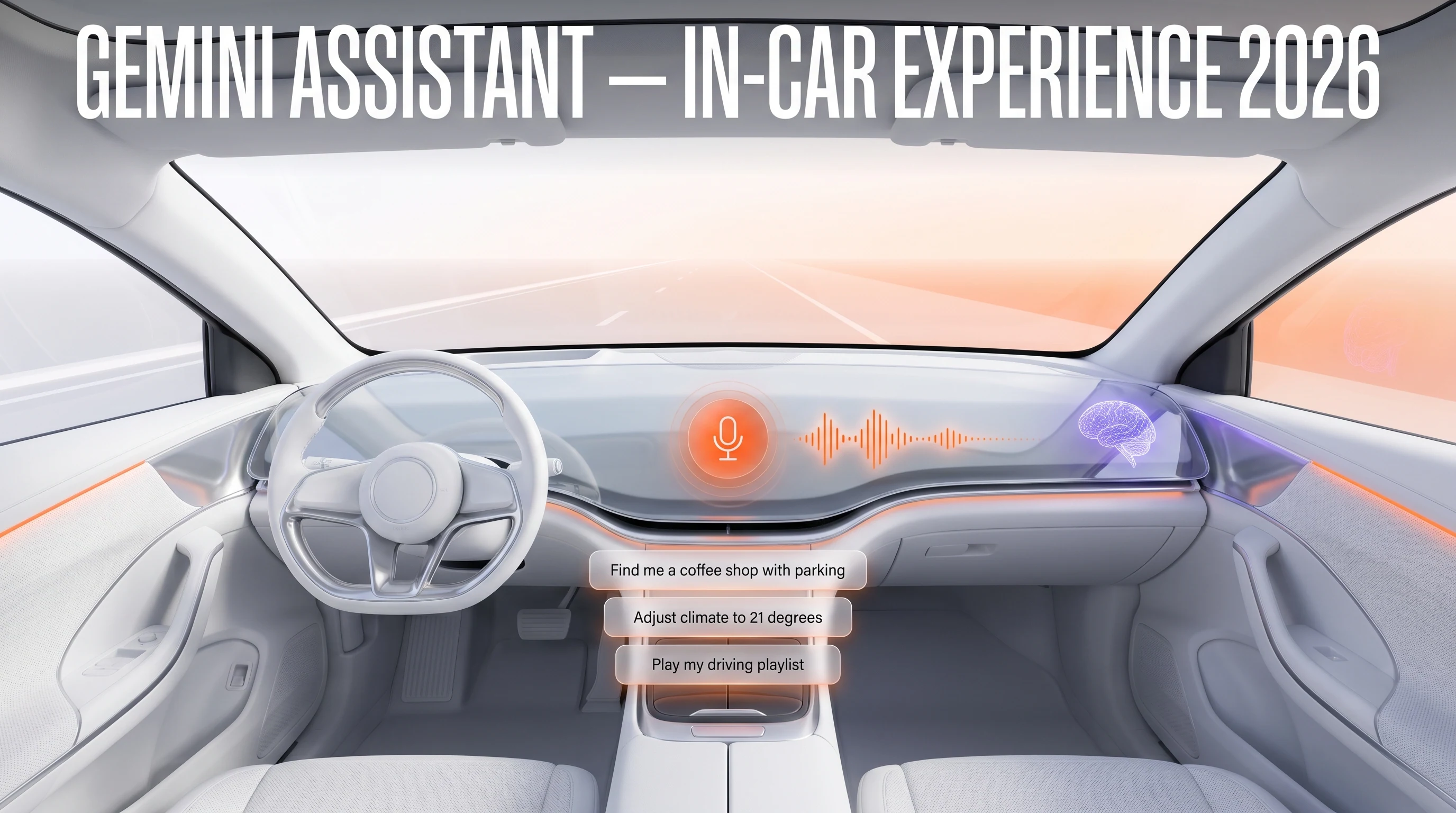 Google Gemini in-car assistant cockpit UI 2026 — voice, navigation, climate control, music selection on glass dashboard
