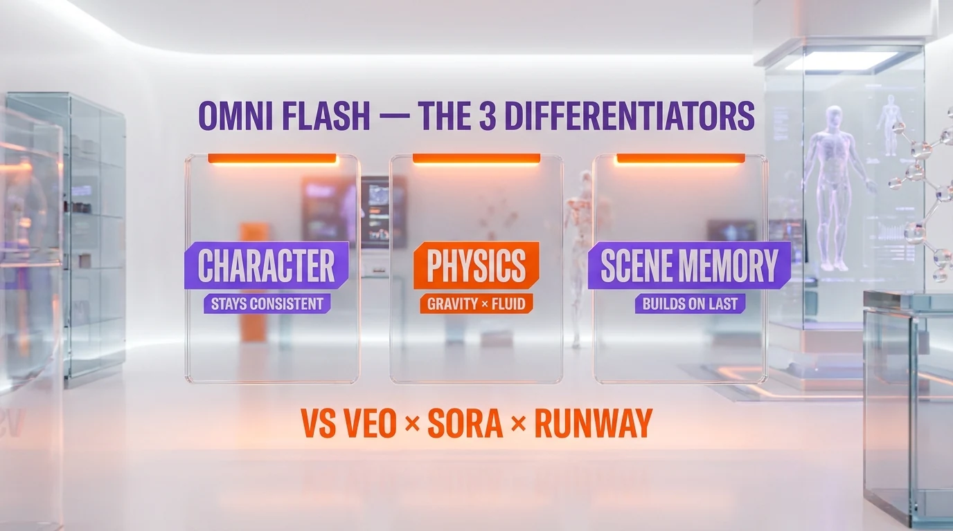 Three differentiators of Gemini Omni Flash — character consistency, physics, scene memory