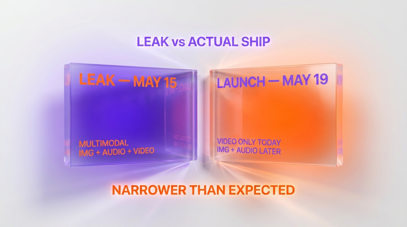 Leak vs launch — Gemini Omni Flash narrower scope at official I/O 2026