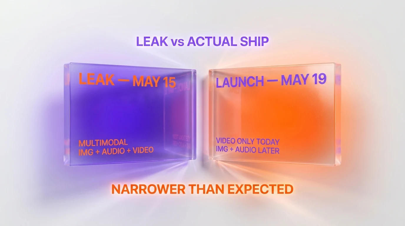 Leak vs launch — Gemini Omni Flash narrower scope at official I/O 2026
