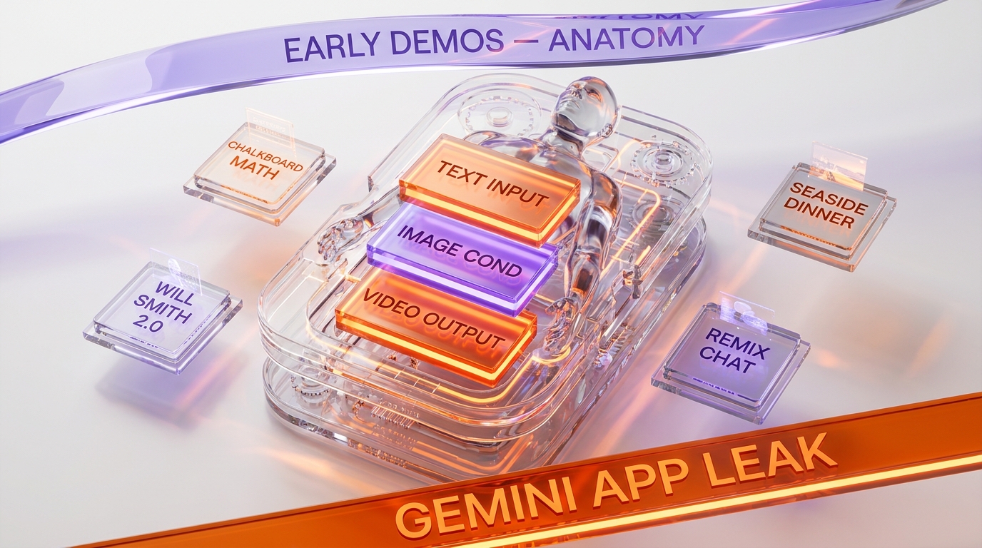 Anatomy of the Gemini Omni leak — exploded view showing text input, image conditioning, and video output layers with the four early demo categories surfaced through the Gemini app