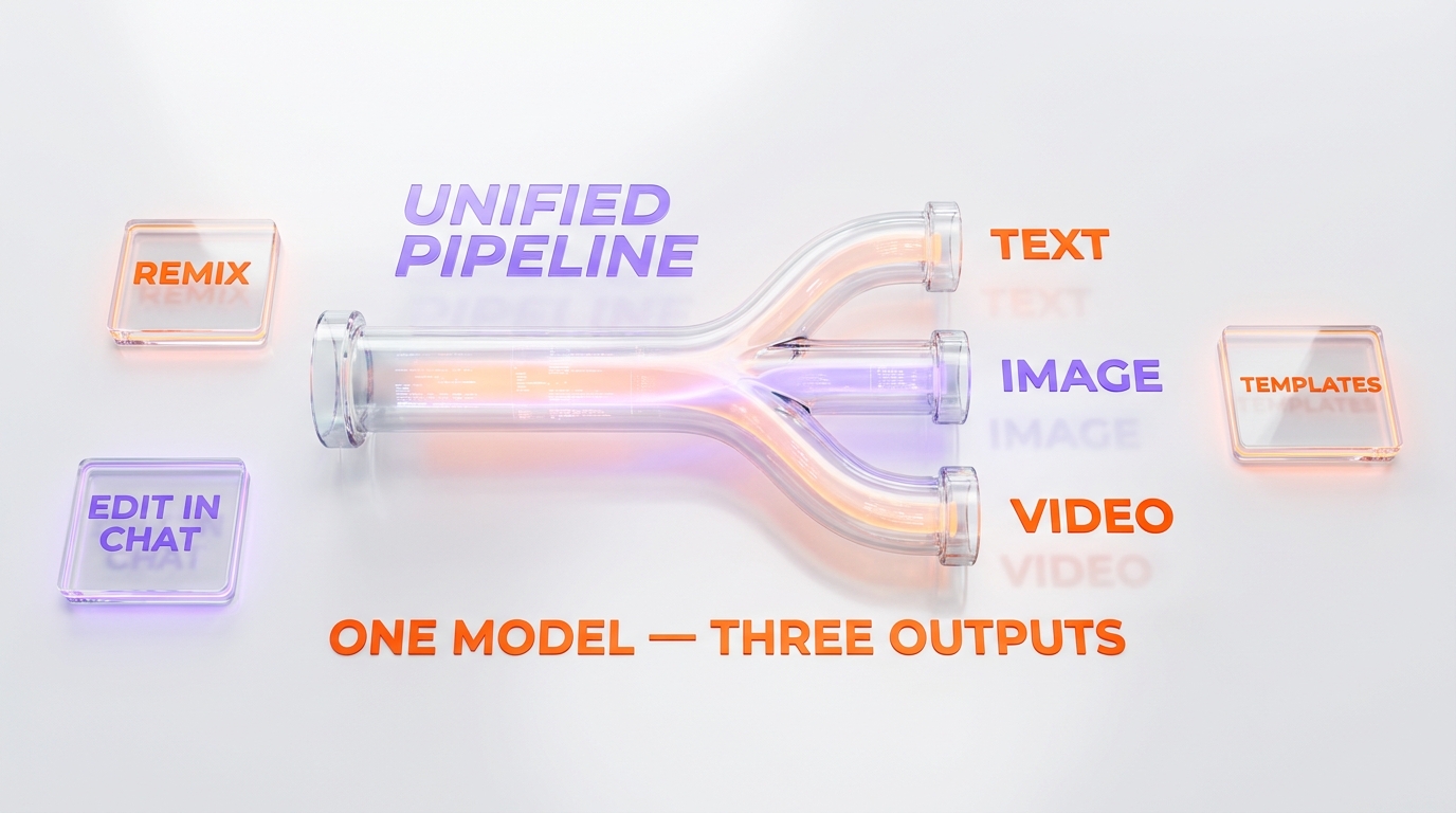 The unified text-image-video pipeline architecture implied by the Gemini Omni leak — one model trunk splitting into three branched outputs with remix, edit-in-chat, and template entry points
