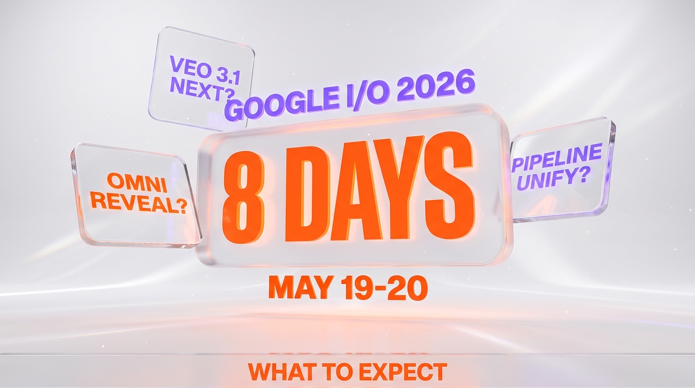 Google I/O 2026 countdown — eight days from the Gemini Omni leak to the May 19-20 keynote where the unified video pipeline is expected to be unveiled alongside Veo 3.1 continuation