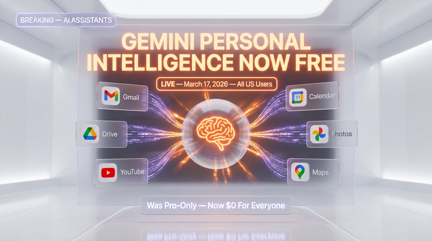 Gemini Personal Intelligence Goes Free for All US Users: Gmail, Calendar, and Drive — All Connected — Hero — Breaking News
