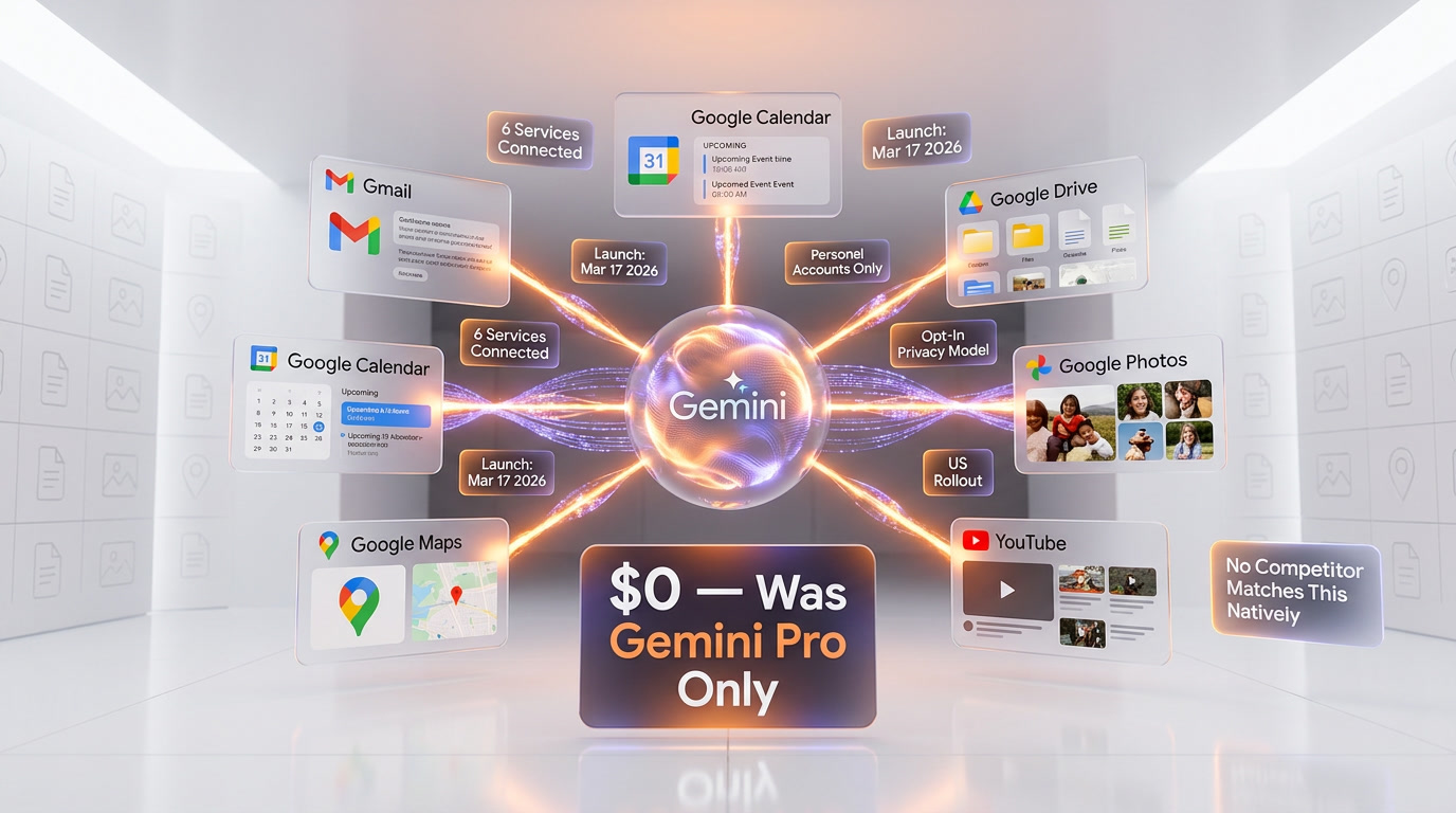 Gemini Personal Intelligence Goes Free for All US Users: Gmail, Calendar, and Drive — All Connected — Infographic — 6 Services Connected