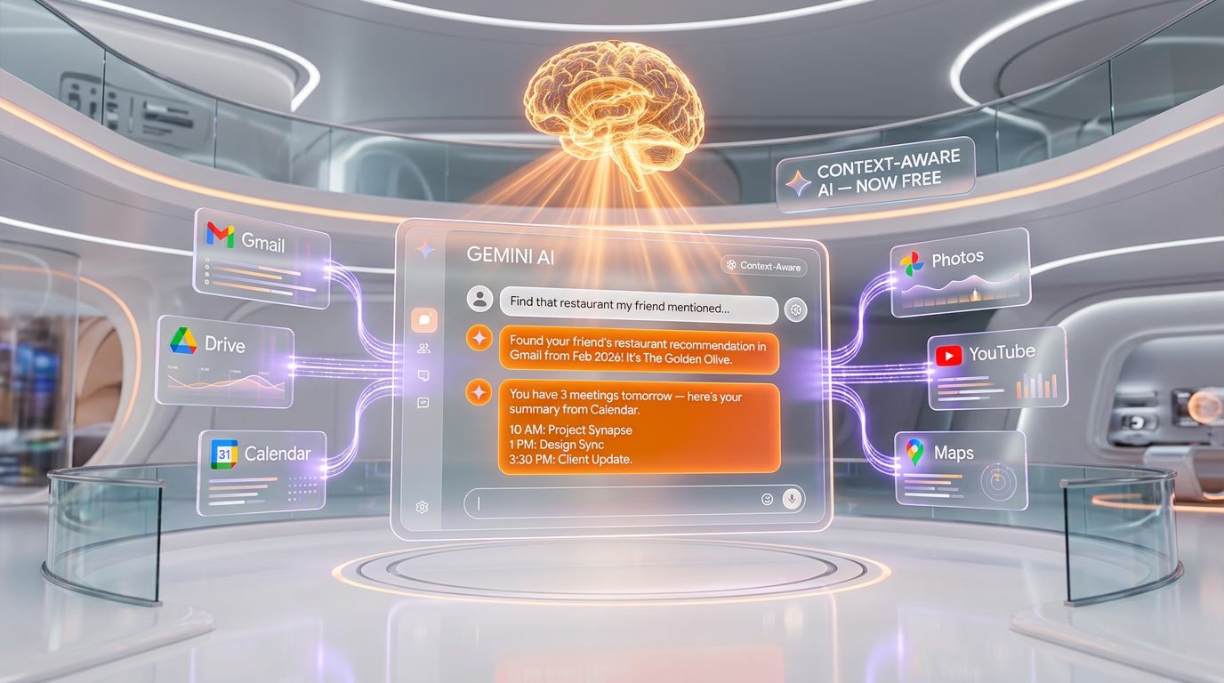 Gemini Personal Intelligence Goes Free for All US Users: Gmail, Calendar, and Drive — All Connected — Visual — Gemini Interface Hologram