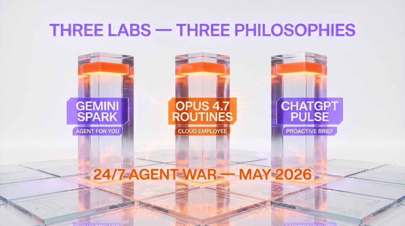 Three labs three philosophies — Gemini Spark agent for you, Claude Opus 4.7 Routines cloud employee, ChatGPT Pulse proactive brief