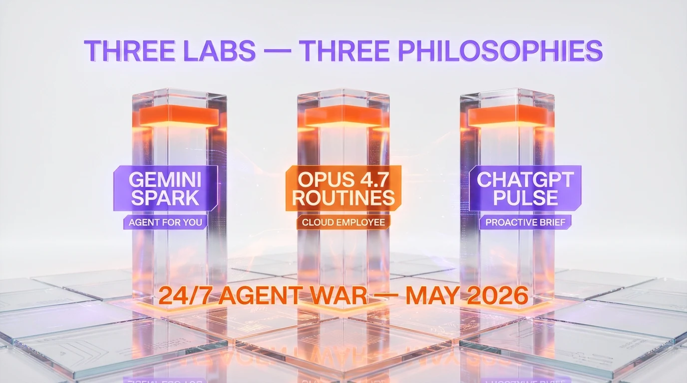 Three labs three philosophies — Gemini Spark agent for you, Claude Opus 4.7 Routines cloud employee, ChatGPT Pulse proactive brief