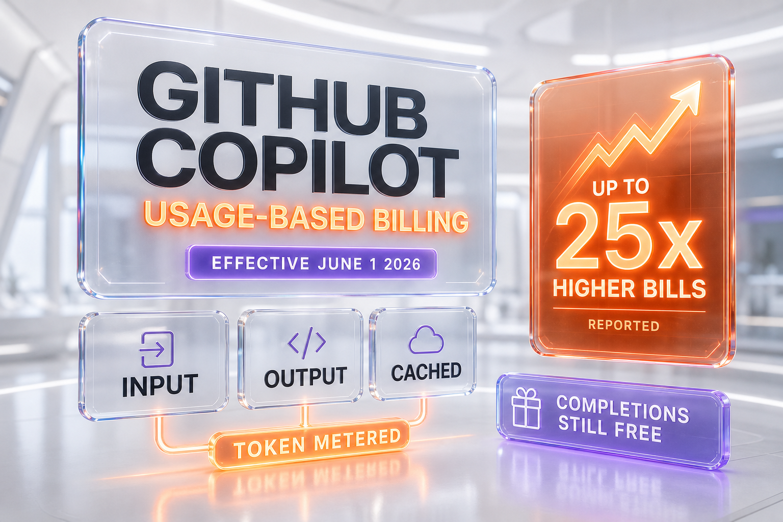 GitHub Copilot usage-based billing illustration showing a token meter replacing a flat monthly subscription, with rising cost gauges and AI Credits consumption