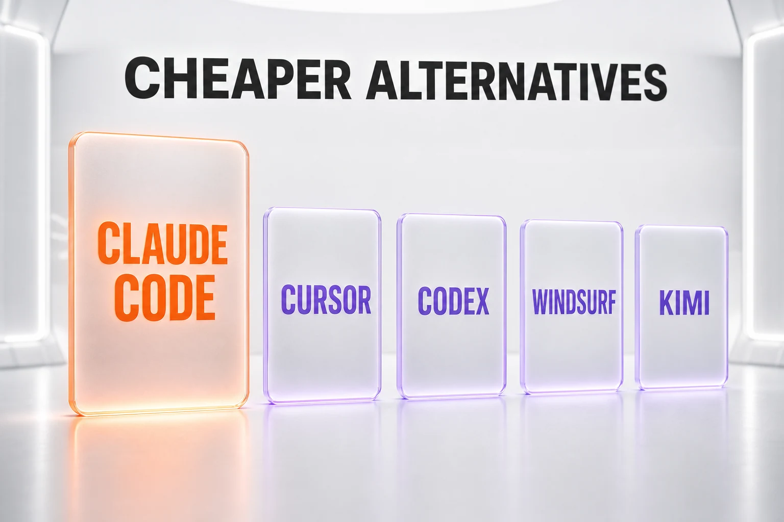 Visual lineup of GitHub Copilot alternatives including Claude Code, Cursor, OpenAI Codex, Windsurf, and an open-weight CLI model, grouped by pricing model