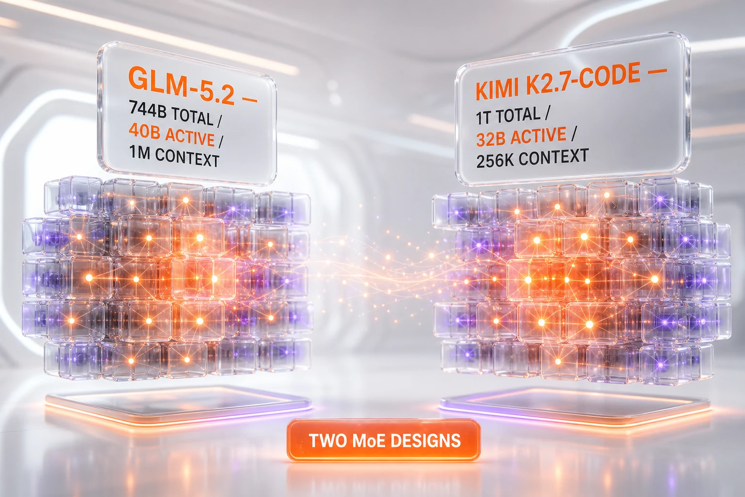 GLM-5.2 744B total 40B active 1M context versus Kimi K2.7-Code 1T total 32B active 256K context