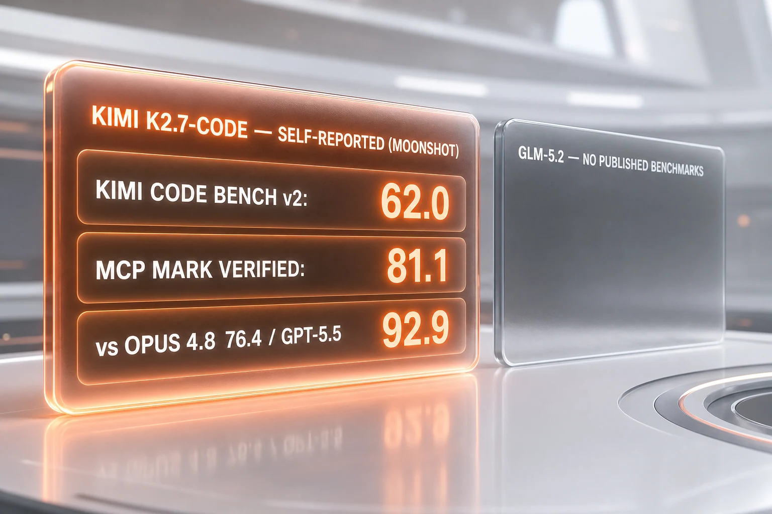 Kimi K2.7-Code self-reported scores Kimi Code Bench v2 62.0 and MCP Mark Verified 81.1 with GLM-5.2 shown as no published data